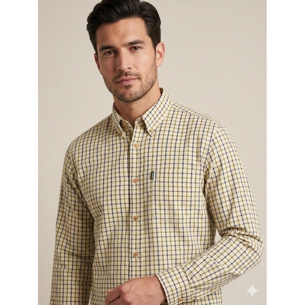 Barbour Mens SP Tattersall Shirt Cream Olive Navy Check Plaid Button Up Preppy M